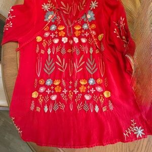 JOHNNY WAS Vibrant Orange Tunic beautifully embroidered with colorful flowers